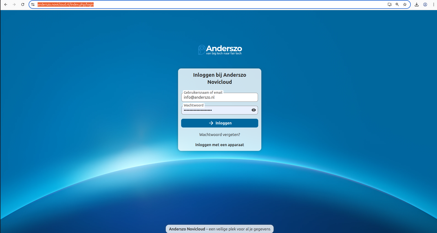 Screenshot van Nextcloud login scherm
